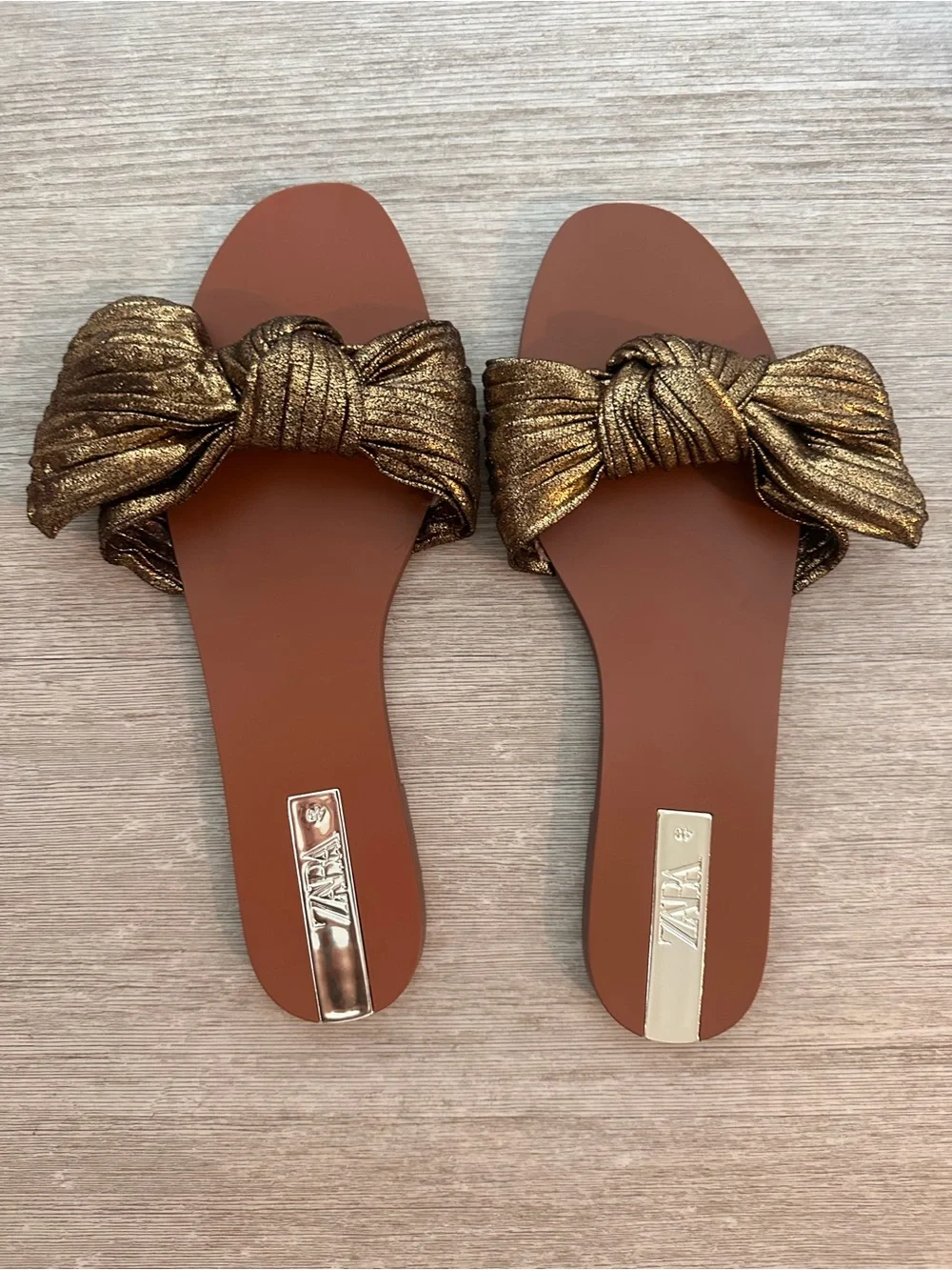 Zara Gold Knot Slide Sandals with Brown Footbed - Picture 1 of 3